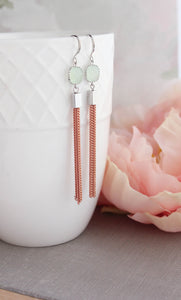 Long Chain Tassel Earrings |Mint Glass and Peach Coral