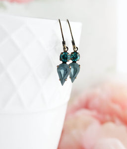 Tiny Vintage Glass Drop Earrings | Peacock Blue