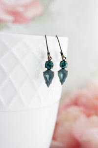 Tiny Vintage Glass Drop Earrings | Peacock Blue