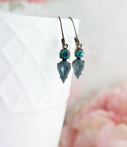 Tiny Vintage Glass Drop Earrings | Peacock Blue