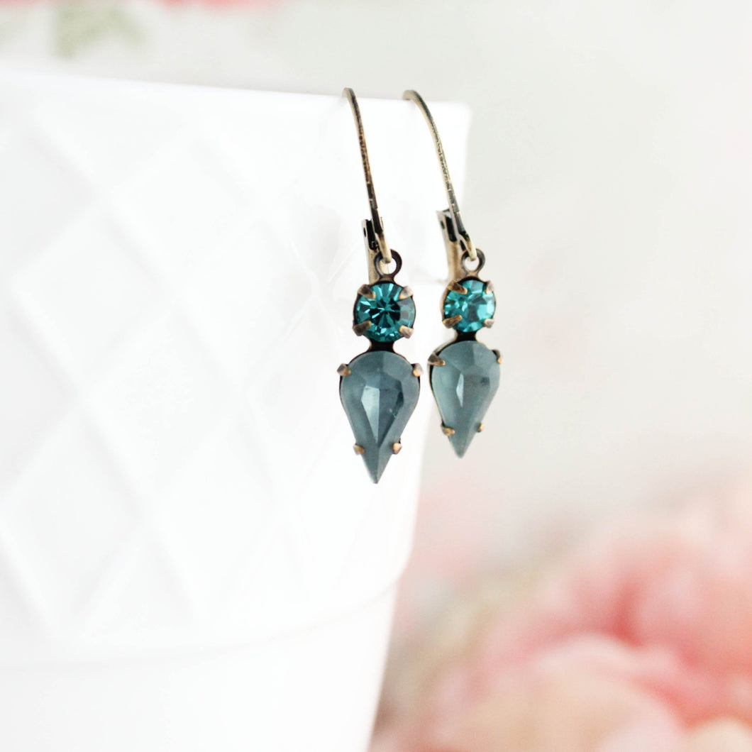 Tiny Vintage Glass Drop Earrings | Peacock Blue