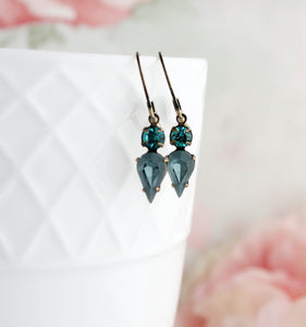 Tiny Vintage Glass Drop Earrings | Peacock Blue