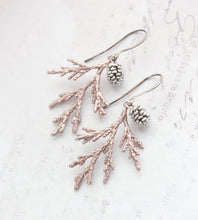 Load image into Gallery viewer, Cedar Branch Earrings | Rose Gold Patina with Silver Pine Cone