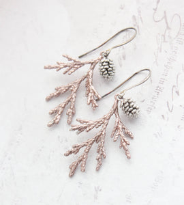 Cedar Branch Earrings | Rose Gold Patina with Silver Pine Cone