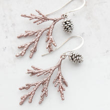 Load image into Gallery viewer, Cedar Branch Earrings | Rose Gold Patina with Silver Pine Cone