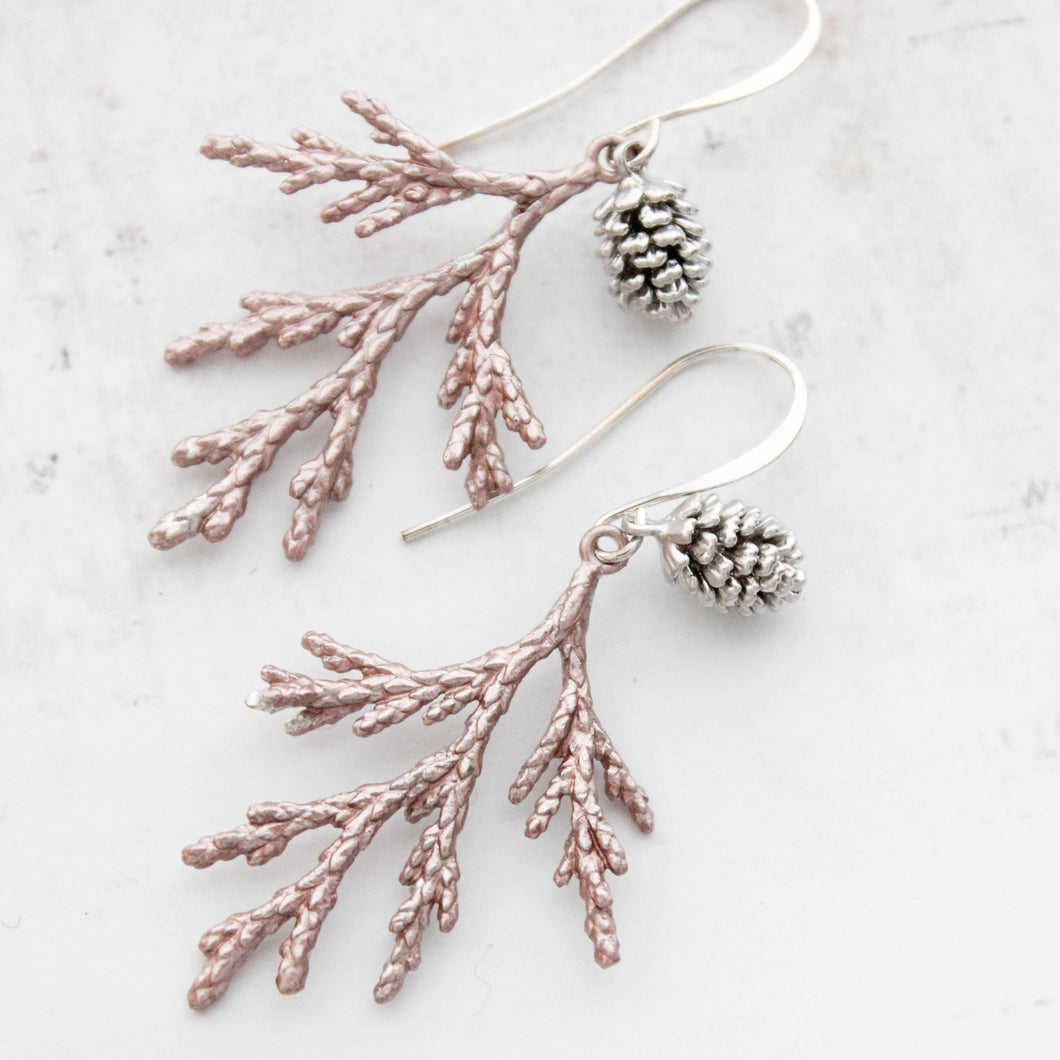 Green Cedar Branch Earrings with Silver Pine Cone