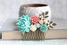 Load image into Gallery viewer, Aqua Rose Comb Floral Hair Comb C1002