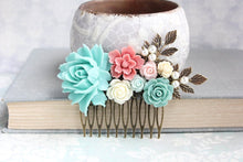 Load image into Gallery viewer, Aqua Rose Comb Floral Hair Comb C1002