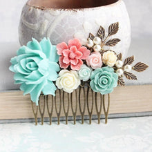 Load image into Gallery viewer, Aqua Rose Comb Floral Hair Comb C1002