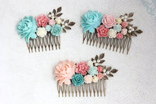 Load image into Gallery viewer, Aqua Rose Comb Floral Hair Comb C1002