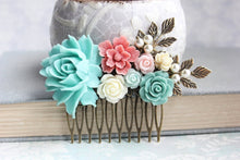 Load image into Gallery viewer, Aqua Rose Comb Floral Hair Comb C1002