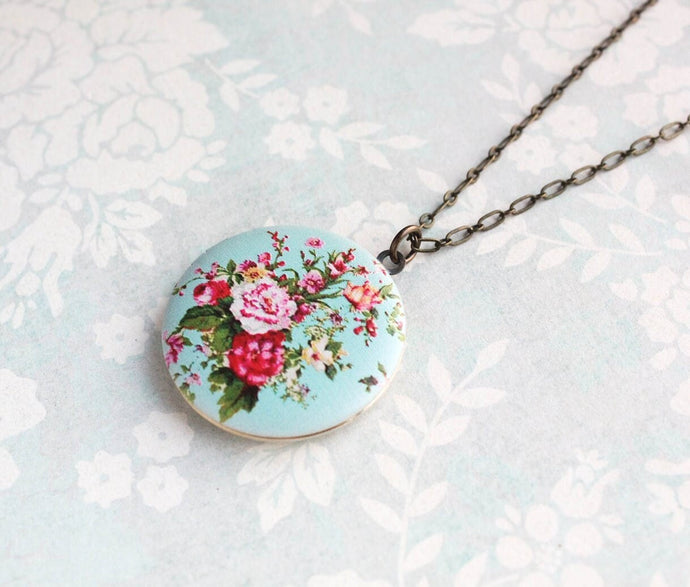 Floral Locket Necklace | Aqua and Pink