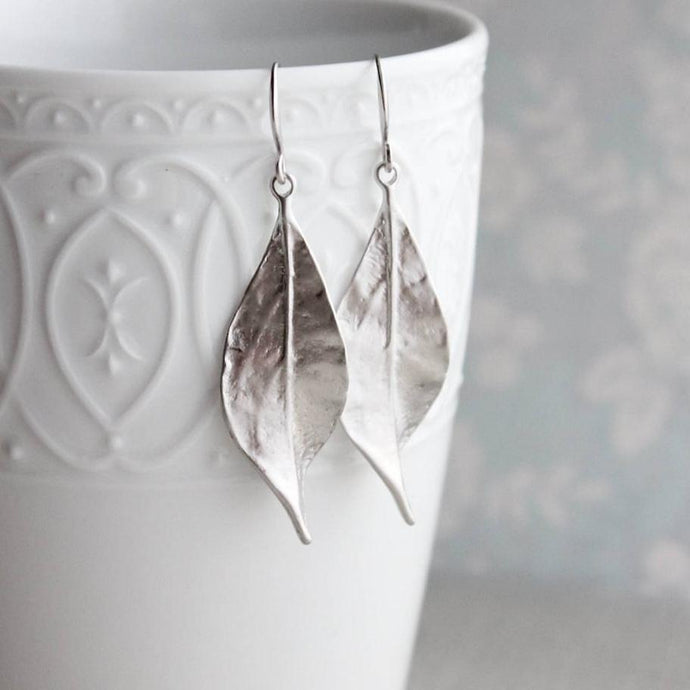 Long Silver Leaf Earrings