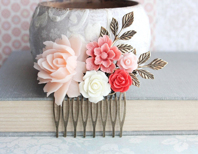 Bridal Hair Comb| Blush Pink and Coral Red