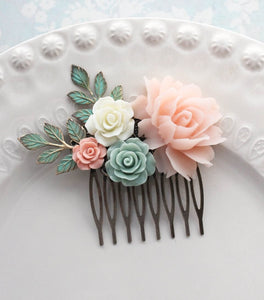 Pink and Mint Green Floral Hair Comb