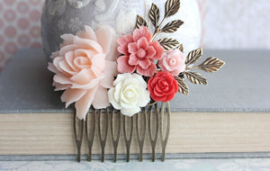 Bridal Hair Comb| Blush Pink and Coral Red