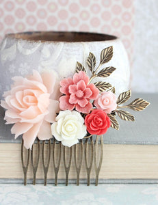 Bridal Hair Comb| Blush Pink and Coral Red