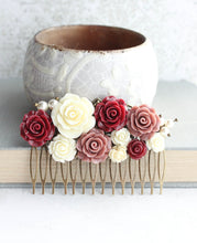 Load image into Gallery viewer, Floral Hair Comb | Dusty Rose and Deep Red Roses