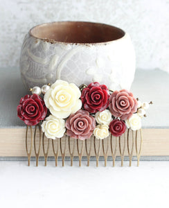 Floral Hair Comb | Dusty Rose and Deep Red Roses