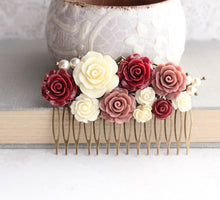 Load image into Gallery viewer, Floral Hair Comb | Dusty Rose and Deep Red Roses