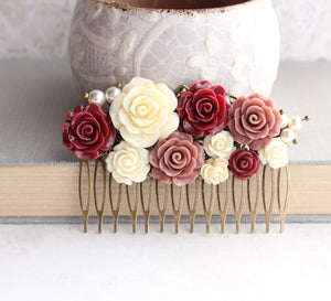 Floral Hair Comb | Dusty Rose and Deep Red Roses