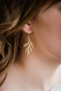 Green Cedar Branch Earrings with Silver Pine Cone