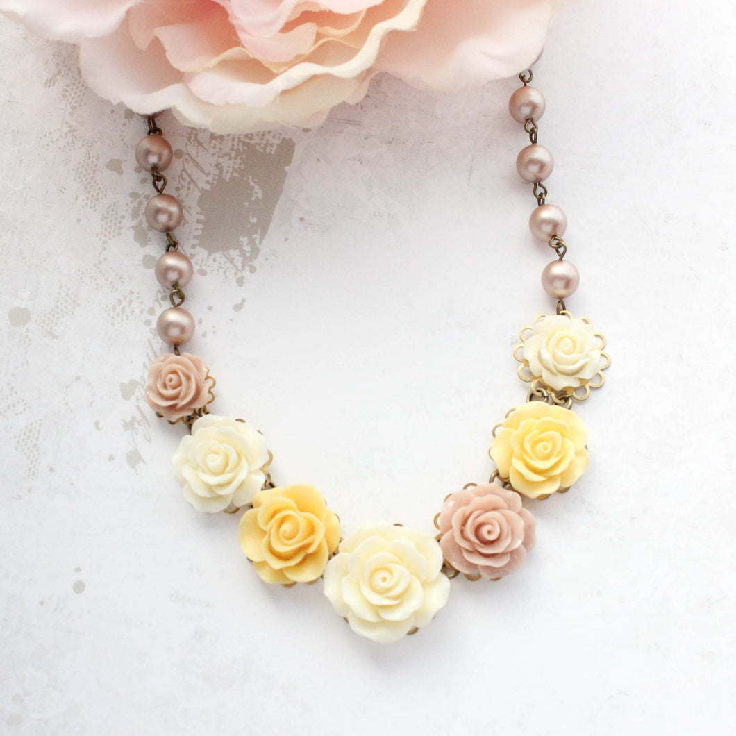 Floral Statement Bib Necklace | Pearls and Roses