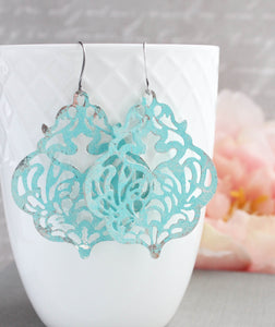 Aqua Mint Earrings | Big Damask Filigree Earrings