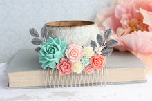 Load image into Gallery viewer, Bridal Hair Comb | Teal and Coral Roses