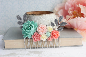 Bridal Hair Comb | Teal and Coral Roses