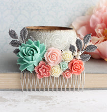 Load image into Gallery viewer, Bridal Hair Comb | Teal and Coral Roses