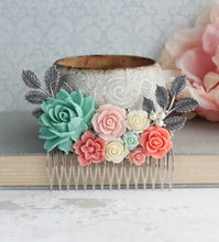 Load image into Gallery viewer, Bridal Hair Comb | Teal and Coral Roses