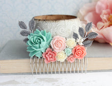 Load image into Gallery viewer, Bridal Hair Comb | Teal and Coral Roses