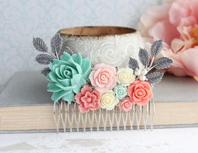 Bridal Hair Comb | Teal and Coral Roses