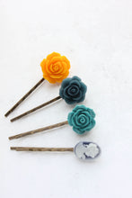 Load image into Gallery viewer, Rose Bobby Pins | Teal, Yellow and Navy