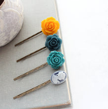 Load image into Gallery viewer, Rose Bobby Pins | Teal, Yellow and Navy