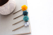 Load image into Gallery viewer, Rose Bobby Pins | Teal, Yellow and Navy