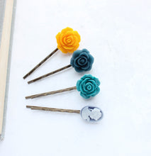 Load image into Gallery viewer, Rose Bobby Pins | Teal, Yellow and Navy