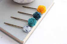 Load image into Gallery viewer, Rose Bobby Pins | Teal, Yellow and Navy