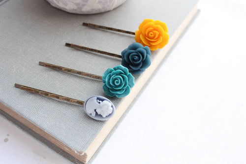 Rose Bobby Pins | Teal, Yellow and Navy