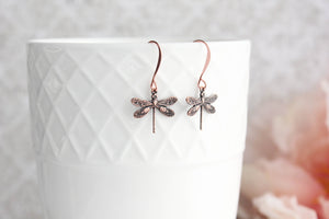 Tiny Dragonfly Earrings | Antique Copper Brass