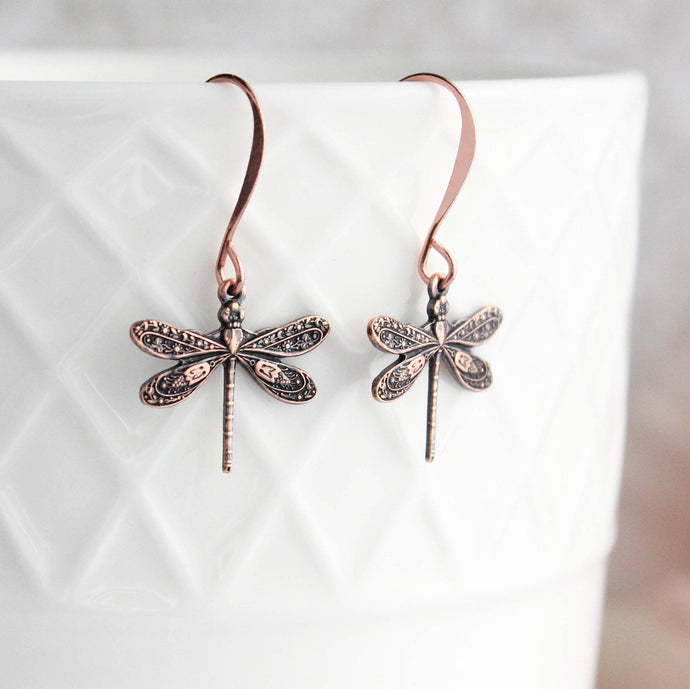 Tiny Dragonfly Earrings | Antique Copper Brass