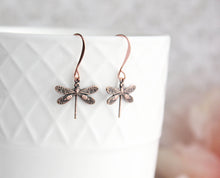 Load image into Gallery viewer, Tiny Dragonfly Earrings | Antique Copper Brass