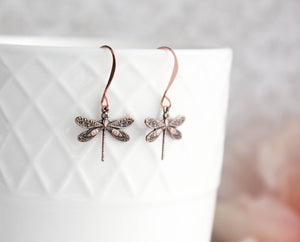 Tiny Dragonfly Earrings | Antique Copper Brass