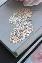 Load image into Gallery viewer, Big Gold Filigree Leaf Earrings