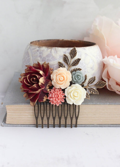 Deep Red Floral Hair Comb | Branches and Roses