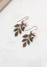 Load image into Gallery viewer, Pink rose and Black Grey Pearl Branch Earrings