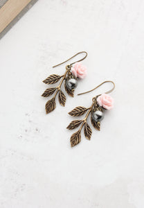 Pink rose and Black Grey Pearl Branch Earrings