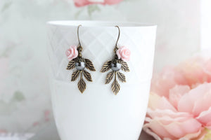 Pink rose and Black Grey Pearl Branch Earrings