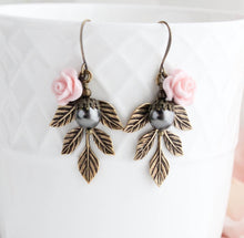 Load image into Gallery viewer, Pink rose and Black Grey Pearl Branch Earrings